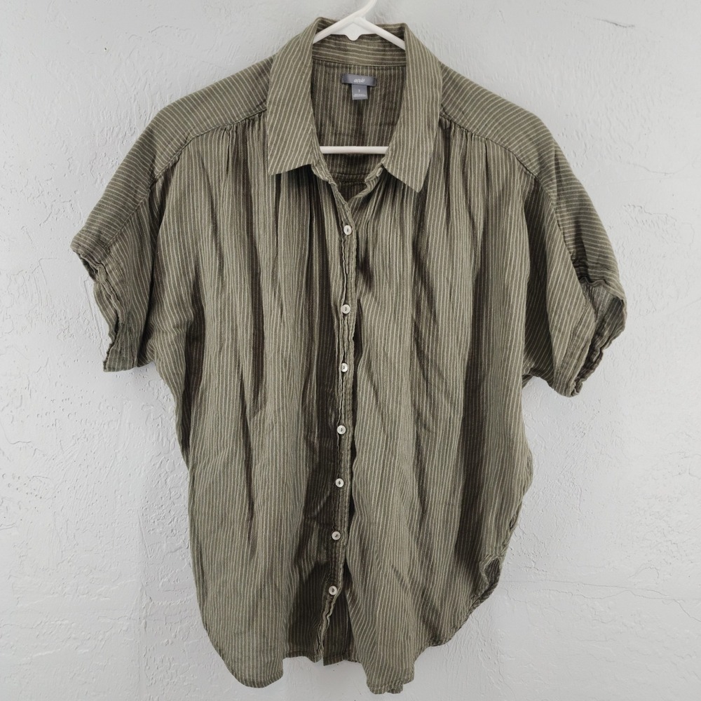 Aerie Small | Olive Green Striped Short Sleeve Button Down Shirt Womens Coastal